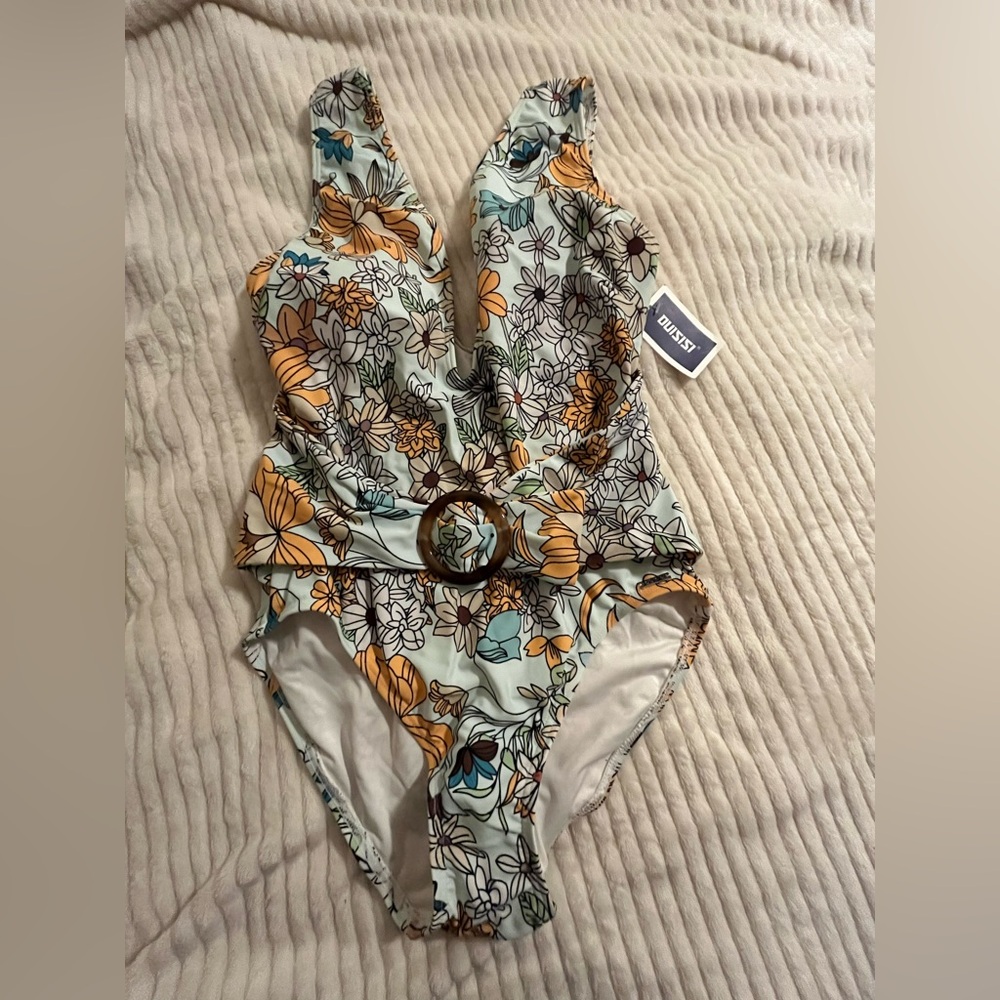 NWT Soft Blue and Orange Plunging One-Piece Swimsuit